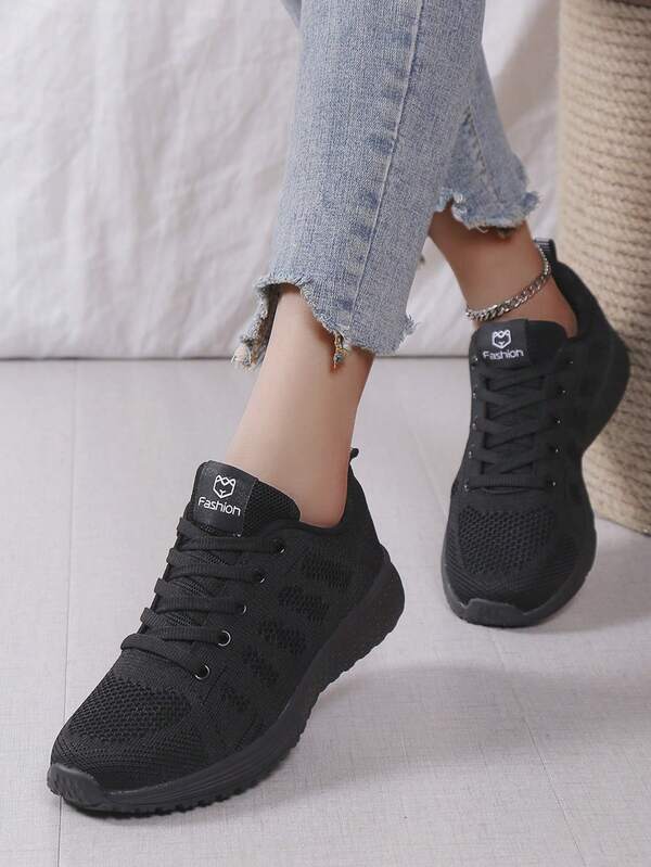 Women's Breathable Mesh Sports Shoes With Front Lace-Up, Soft Elastic Soles For Outdoor Running