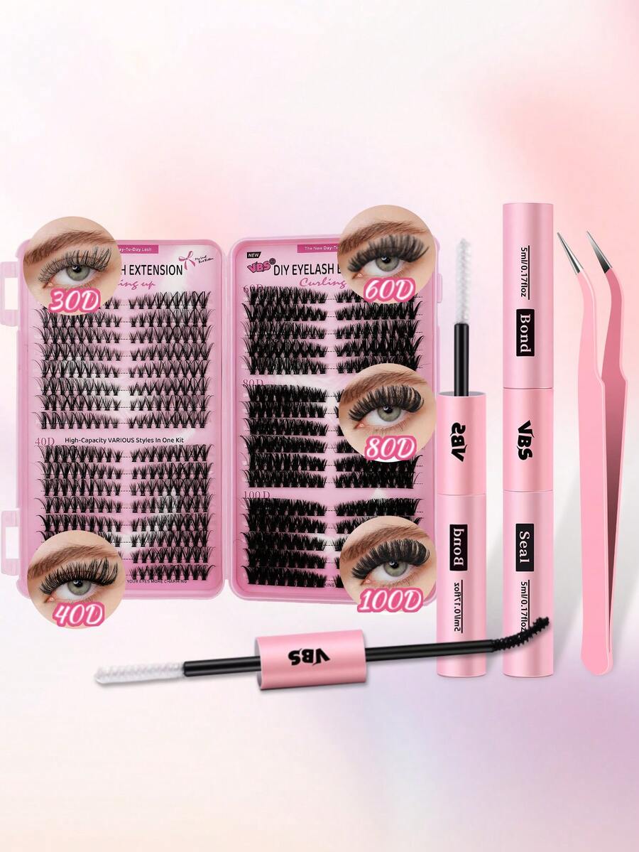 Set de 3 piezas: 1 caja de pestañas postizas negras y 1 pegamento para pestañas de doble cara y una pinza para cejas en ángulo rosa, pestañas falsas VBS30D/40D D/100A/100D, 32 hebras de pestañas cuadradas en caja, psemiles largos y definidos con tallos suaves y finos, 5ml + 2 súper fuerte, pegamento de cejas 2 en 1, adecuado para maquillaje diario/fiesta, edición limitada para fiestas y artículos de maquillaje