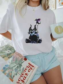 Short Sleeve Round Neck T-Shirt With Cartoon Image Printed On It, Casual And Fashionable Short Sleeve T-Shirt, Micro Elastic, Non-See-Through, Easy To Care For Material, Ideal Daily Wear, Ladies T-Shirt - 白色 - 查看 1