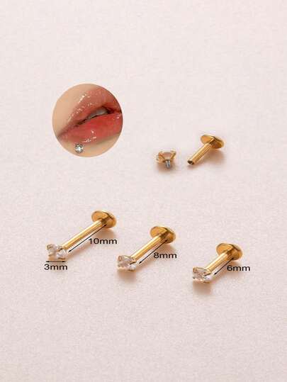 3 件/套 3 毫米简约百搭圆形氧化锆不锈钢内螺纹唇孔珠宝耳骨耳钉耳钉穿孔配件套装（杆长 6 毫米-8 毫米-10 毫米）适合男女，节日礼物，非常适合日常派对佩戴