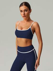 2 PCS CO Ord Set Spring And Summer Women Fashion White Line Yoga Sports Bra And Leggings - Navy Blue - View 7