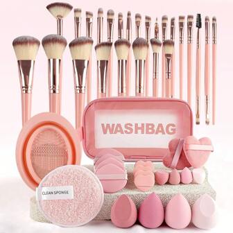 46pcs Makeup Tool Kit With Bag, Including 25pcs Makeup Brushes & Sponges, Travel Make Up Set