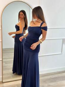 Sexy Asymmetrical Neck Ruched Side Slit Bodycon Cocktail Dress - Navy Blue - View 3