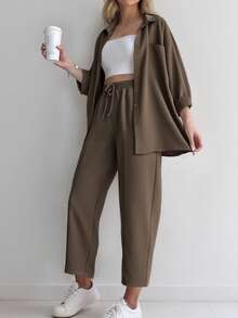 两件套女士纯色前扣口袋长袖上衣和系带长裤套装，休闲春季款 - 深咖色 - 查看 5