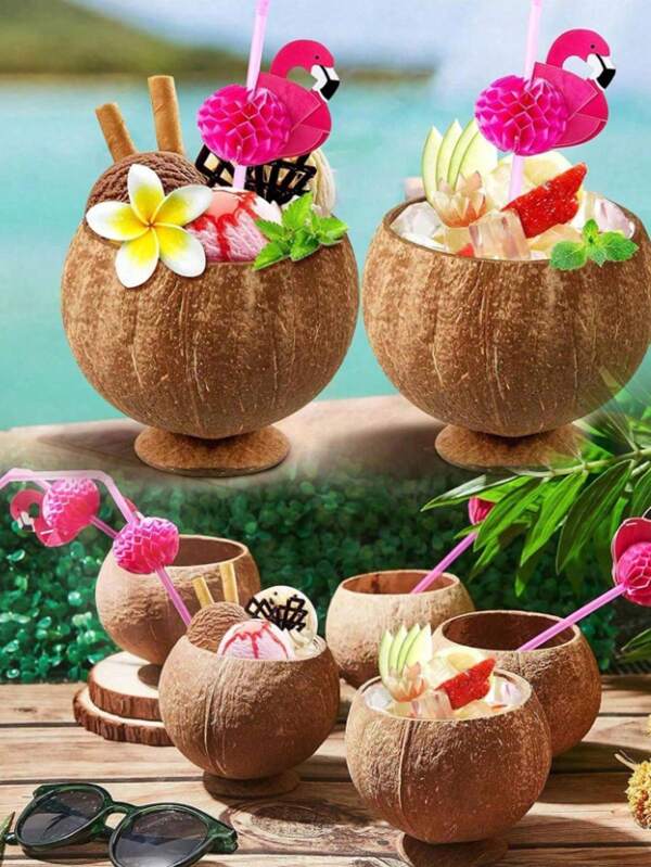5 pièces Tasse en coquille de noix de coco polie thème Hawaï, tasse en noix de coco réutilisable pour dessert, glace, convient pour mariage, fête de remise des diplômes, décoration de fête de piscine estivale