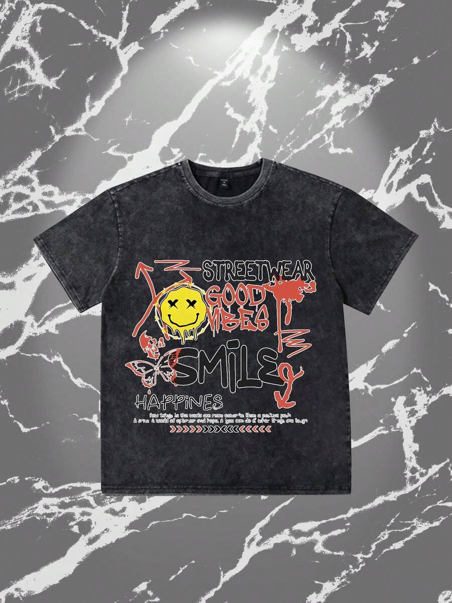 Men's WashedGraphic T-Shirt – 230G Heavyweight Vintage Streetwear Tattoo-Inspired Design | Loose Fit Casual Short Sleeve Tee, Suitable For All Seasons