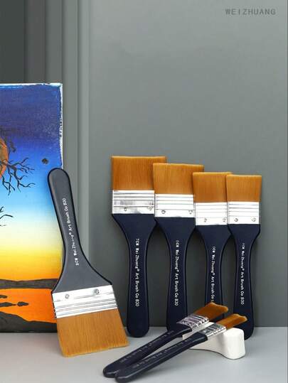 7 件套木柄尼龙刷毛平头画笔，适用于学生美术、水彩、丙烯画、墙绘、烧烤、油画、工艺用品