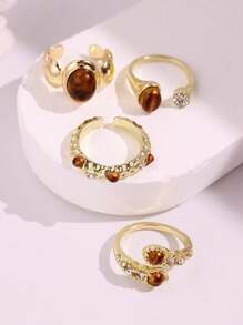 Set de 4 anillos con piedras preciosas simuladas de ojo de tigre de diseño de nicho, minimalista y versátil, un elegante regalo de joyería para mujeres