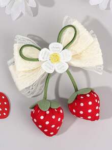 1 件女孩可爱草莓蝴蝶结发夹，配可爱草莓球尾和花朵装饰，花卉刺绣米色蕾丝蝴蝶结发夹 - 迷人甜美水果风格，适合日常穿着、学校、派对和春夏 - 彩色 - 查看 1