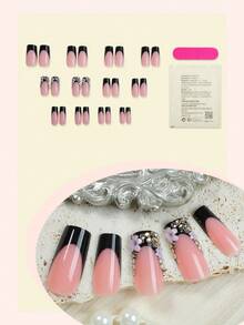 （24片装）加长棺材形亚克力美甲贴纸。花卉图案和简约黑色法式全覆盖亚克力美甲贴纸。一套完整的优质亚克力美甲贴纸。适合女性和女孩，按压式美甲贴纸，美甲用品。指甲 - 彩色 - 查看 2