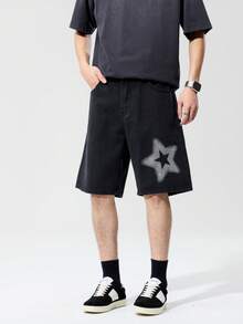 1pc Star Print Pattern Bermuda Loose Men's Denim Shorts - Black - View 1