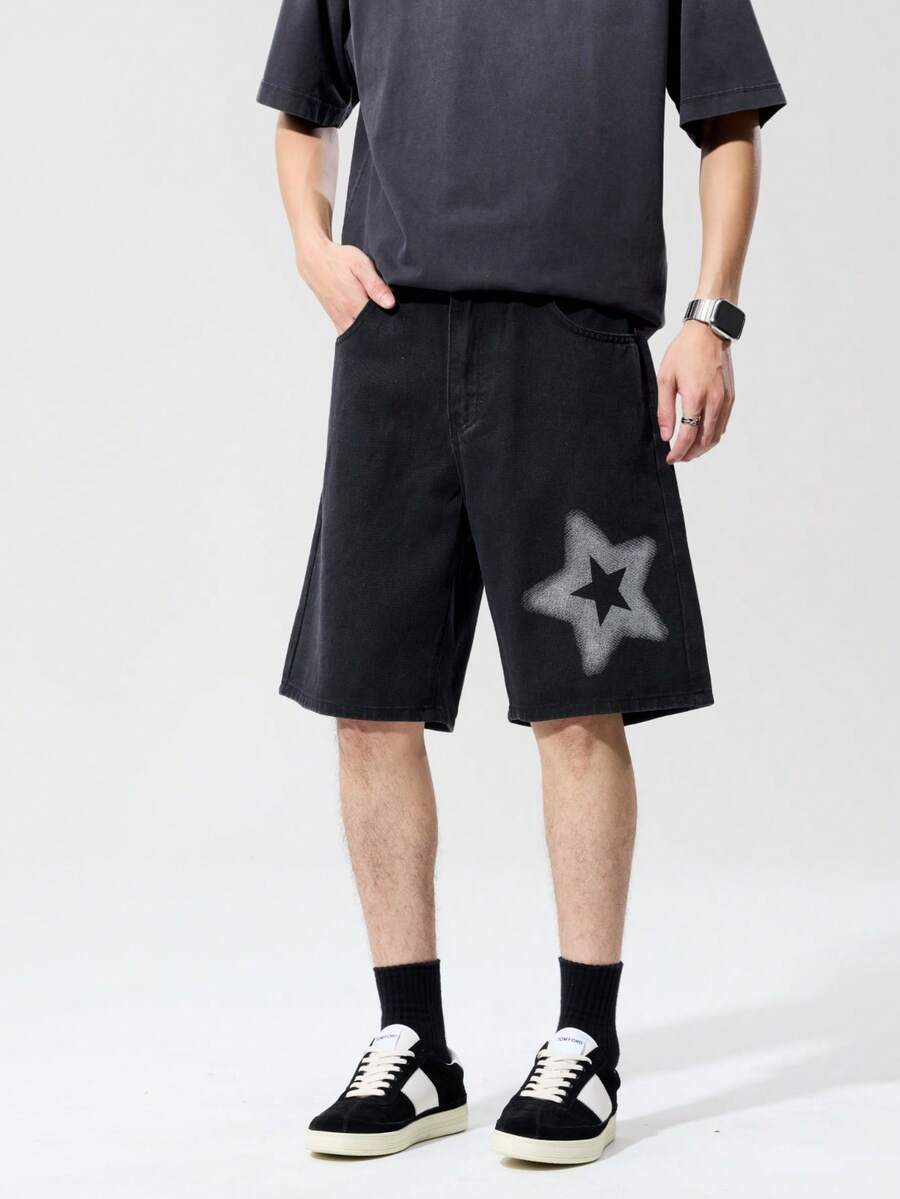 1pc Star Print Pattern Bermuda Loose Men's Denim Shorts - Black - View 1