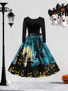 Vintage Halloween Pumpkin & Skull Print High Waist Patchwork Long Sleeve Dress With Ribbon - Blue - View 1