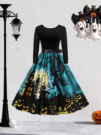 Vintage Halloween Pumpkin & Skull Print High Waist Patchwork Long Sleeve Dress With Ribbon
