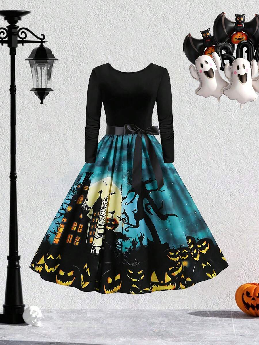 Vintage Halloween Pumpkin & Skull Print High Waist Patchwork Long Sleeve Dress With Ribbon - Blue - View 1