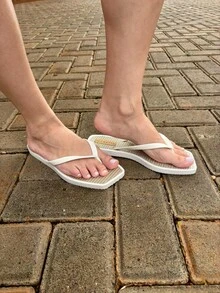 Women's Straw Flip Flops With Square Toe And Lined Briza Beach - trắng - Xem 6