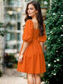 Vestido Corto de Escote Cuadrado con Manga Abullonada Casual para Mujer - Naranja - Ver 2