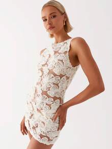 Women See Through Floral Lace Bodycon Mini Dress Crew Neck Sleeveless Cocktail Party Club Dress - Blanco - Ver 3