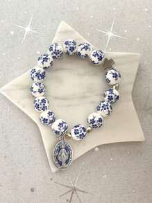 1pc Virgin Mary Letter Cross Geometry Star Heart Beaded Pendant Bracelet, Multicolor Natural Stone & Metal, Elegant For Party & Chinese Style