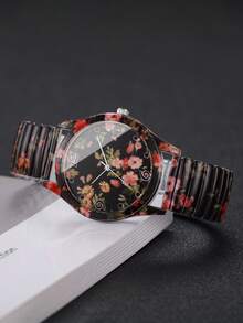1pc Women's Elastic Band Fashion Casual Number Scale Dial Print Quartz Wrist Watch, Classic Stylish Design (1pc/Set, Watch Box Not Included) - 黑色 - 查看 4