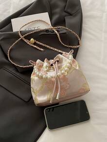 1 件带链条、刺绣和珍珠装饰的抽绳封口面料印花水桶包，可爱花卉单肩手提包，斜挎口红袋，时尚礼品袋，适合女士派对、晚装、日常使用 - 粉色 - 查看 8