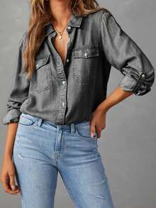 Women's Long Sleeve Jean Shirts Button Down Blouses Denim Shirt Business Casual Loose Tops Streetwear - Màu xám đen - Xem 1