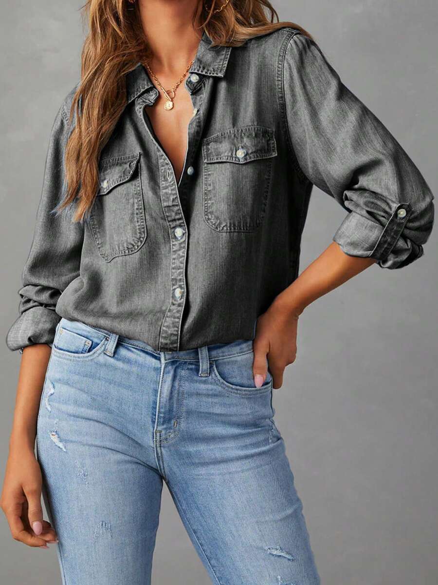 Women's Long Sleeve Jean Shirts Button Down Blouses Denim Shirt Business Casual Loose Tops Streetwear - Màu xám đen - Xem 1