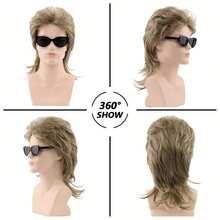 Men'S Medium-Length Curly Brown Wig, 80S Style, Heat-Resistant, Suitable For Halloween Costumes And Party Wear. - Khaki - View 2