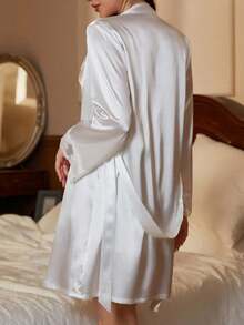 Conjunto de pijama elegante de color liso para mujer,Incluye vestido lencero de encaje y bata de satén - Blanco - Ver 2