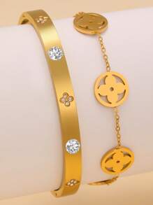2 pièces Set de bracelets pour femme avec trèfle à quatre feuilles lisse et incrusté de cubic zirconia cubiques, convient pour de multiples occasions et cadeau pour les amis