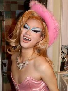 1pc Women's Autumn Party Rhinestone Pink Crown Cowboy Hat, Halloween Feather Edge Festival Party Hat Suitable For Daily Wear - Multicolor - View 10