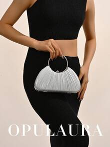 OpulAura 女士金属魅力晚宴包，奢华皮革手拿包，适合宴会、庆典、舞会、婚礼、伴娘、生日礼服配饰 - 銀色 - 查看 8
