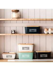 1 Piece Of Butter Dish, With Bamboo Lid, Multi-Functional Butter Dish, Ceramic French-Style Butter Plate, Suitable For Spreading Soft Butter, Equipped With A Waterproof Sealed Butter Container Stand, Very Suitable For Kitchen Baking And As A Gift. Sealed Butter Container Lid, Suitable For Kitchen Countertop Or Refrigerator Use, Household Kitchen Utensil.