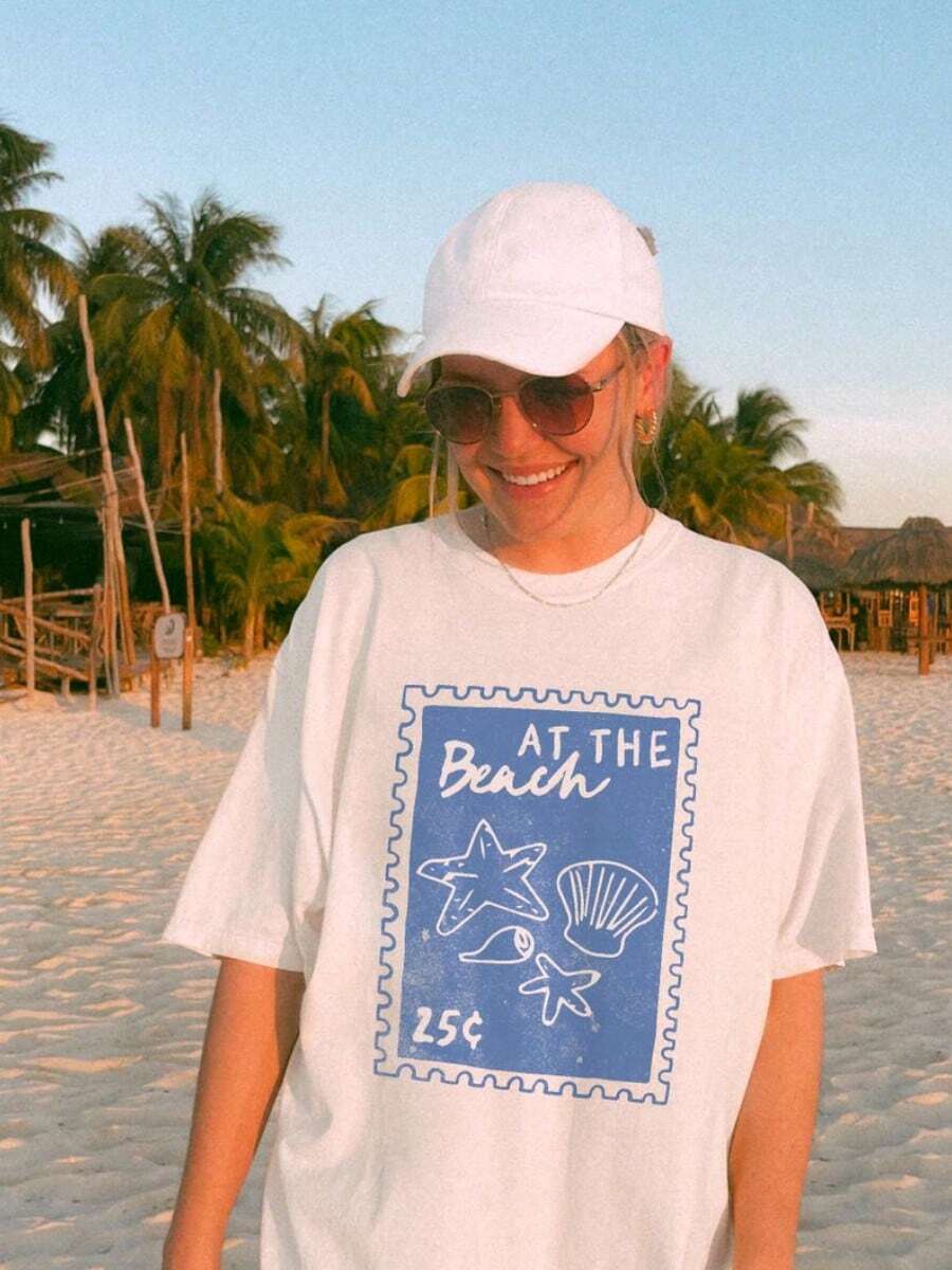 Plus Size Beach Stamp Tee | Coastal Granddaughter Shirt, Cute Summer Graphic Tee, Beachy Shirt,  Oversized  Tee, Beachwear Shirt - 白色 - 查看 1