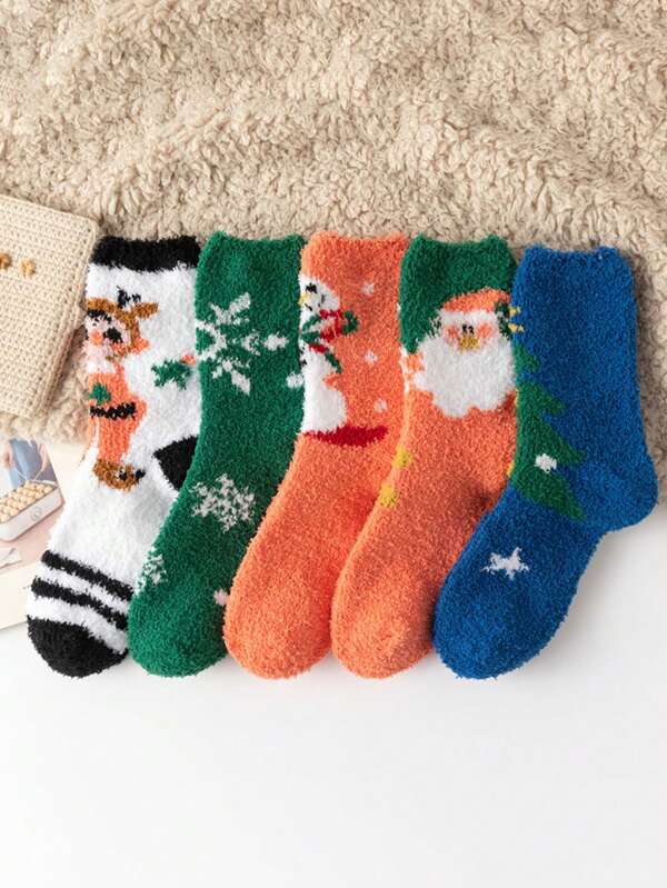 5 pares de calcetines naranja navideños para mujer, calcetines gruesos y cálidos de felpa de coral para el invierno y el hogar