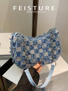 1 件蓝色牛仔拉链格纹印花拼布肩带时尚百搭单肩包，适合女性日常使用