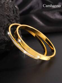 Camhanno 2pcs Of Simple And Fashionable, Elegant And Charming Stainless Steel Zirconia Different Shapes And Styles Bracelet Combination, Add Points To Your Beauty, Suitable For Daily Wear To Send Lovers/Best Friend - Yellow Gold - View 4