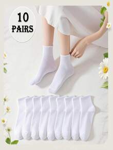 10 Pairs Women Basic Solid Color Short Socks, Simple And Fresh Design, Suitable For Daily Wear All Seasons - White - View 12