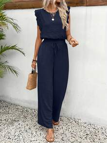Ruffled Sleeve Co - Ord Set Textured Top Drawstring Wide - Leg Pants Boho Chic Outfit - Hải quân - Xem 1