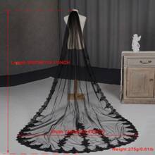 1 Peça Véu Longo Preto para Noiva, Tiara de Noiva com Acabamento em Renda Elegante para Casamento, Festa à Noite, Apresentação