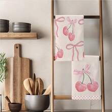 2 件浪漫粉色格子蝴蝶结和樱桃图案厨房巾，15.75 * 23.62 英寸（40 * 60 厘米）超柔软吸水超细纤维洗碗巾、手巾、洗碗布、家居装饰、厨房装饰、烹饪烘焙茶巾、清洁用品，适用于餐厅、厨房、节日装饰和礼品，所有季节