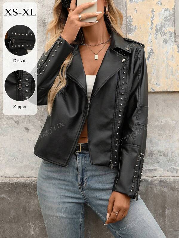Chaqueta de mujer, estilo punk, motero, con remaches, cremallera y diseño de moda