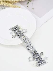 1 件银色星形吊坠表带，适用于女士，兼容 表带 38mm40mm41mm42mm44mm45mm46mm49mm，链条式皮革手链，兼容 Series 10/9/8/7/6/5/4/3/2/1/SE/Ultra，可调节腕带，情人节礼物 - 銀色 - 查看 4