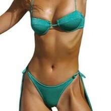 Women's Glossy String Bikini Set Soild Swimsuit Women's Fashion Bikini Green Halter Sport Swimsuit Beach Vacation Low Cut Shiny - màu xanh lá - Xem 3