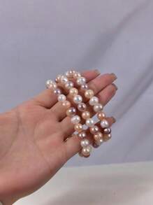 1pc Cultured Freshwater Pearl Beaded Elastic Bracelet, Candy Color Simple & Elegant, Suitable For Women's Daily Wear, Jewelry Gift