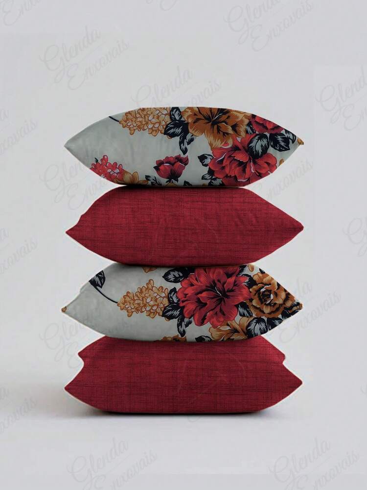 (4 Units) 45x45 Pillow Covers – 2 Plain And 2 Printed – Assorted Colors – AL - Red-red Floral - View 1
