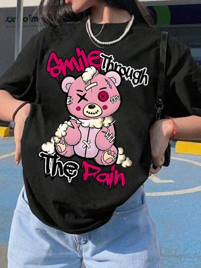 1PC Girls Cool Ripped Bear Print Short Sleeve T - Shirt, Soft Skin - Friendly Fabric, Daily Casual Summer Style