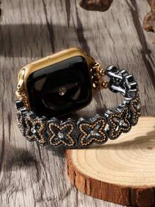 1pc Fashionable Classic Lucky Grass Zinc Alloy Elastic Bracelet Strap Compatible With Apple Watch Band 38/40/41/42/44/45/49/(S10 42)/(S10 46)Mm, Retro Elegant Simple Flower Rhinestone Zinc Alloy Bracelet Strap Is Compatible With Iwatch Band Ultra2/S10/SE/9/8/7/6/5/4/3/2/1Series, Bohemian Style Women Watchbands, Fine Women Fashion Watch Accessories, Smart Watch Strap/Band, Unique Personalized And Style Strap, Valentine's Day Mother's Day Gift