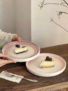 1pc Vintage Thick Pottery Dessert Plate, Creative Ceramic Round Plate For Afternoon Tea, Cake, Steak, Pasta, Breakfast, Western Dish, Tableware Set - Multicolor - View 12