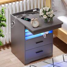 FREDEES Smart LED Nightstand With Hidden Drawer, Nightstand With Charging Station And 3 Colors Human Sensor Lights, Modern Bedside Table With Storage, Gray